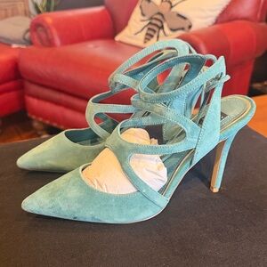 White House Black Market Turquoise Suede Strappy Pointed-Toe Heels